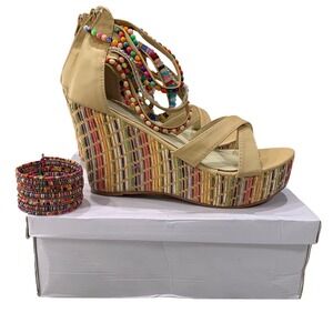 Getmorebeauty Beaded Wedge Platform Sandals Heels Boho Size 8 New + Bracelet